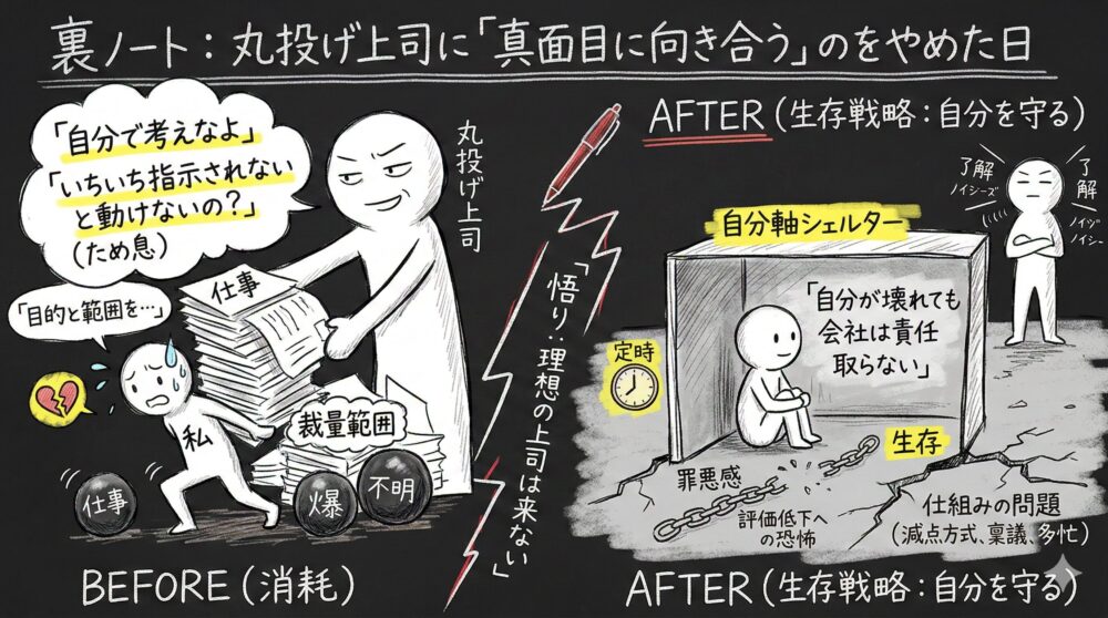 丸投げ上司への対応を消耗から自分を守る生存戦略へ変えたビフォーアフターの図解。大量の仕事に追われる状態から、自分軸シェルターでメンタルを守り、理想の上司は来ないと悟るまでの心の変化を描いたイラスト。