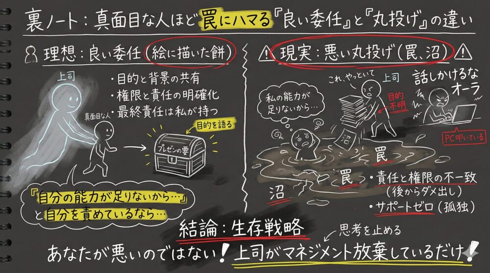 良い委任と悪い丸投げの違いを対比した図解。目的共有や責任明確化がある理想に対し、現実は無茶振りやサポート不足が沼となり真面目な人が自分を責める構造を解説。上司のマネジメント放棄に気づき、自分を責めないための生存戦略を強調している。