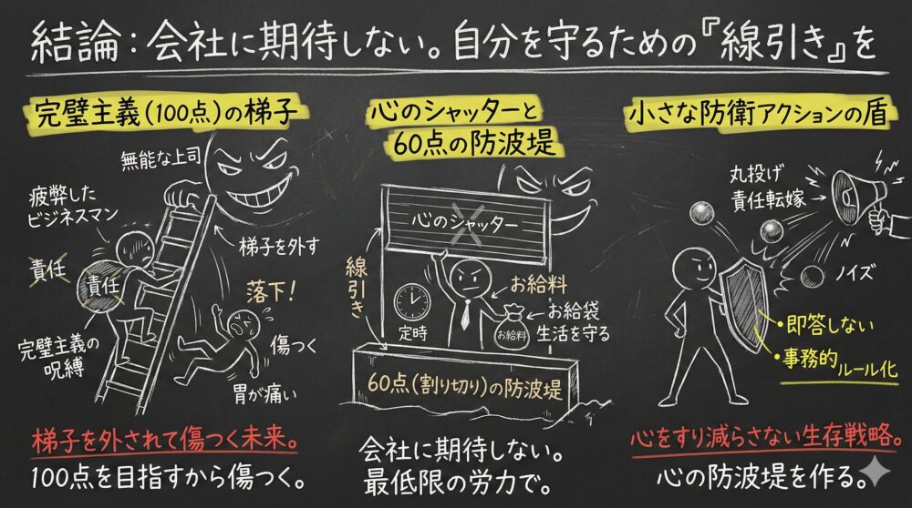 会社に期待せず自分を守るための線引きを説く図解。完璧主義を捨て60点の防波堤や心のシャッター、防衛の盾を持つ生存戦略を解説。無能な上司や丸投げから身を守り、最低限の労力でお給料と生活を守るメンタル管理の重要性を示すイラスト。