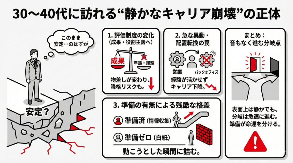 30〜40代に訪れる「静かなキャリア崩壊」の正体：評価制度の変化、急な異動、準備の有無による格差の3つの原因を図解