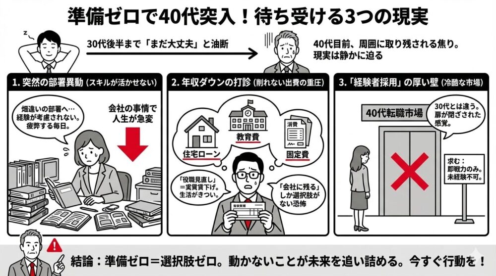 準備ゼロで40代に突入した人が直面する3つの現実：突然の異動、年収ダウン、経験者採用の壁。動かないことが未来を追い詰めるという結論を図解