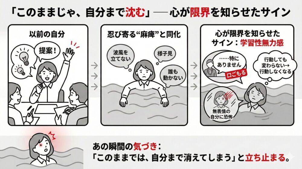 活発だった「以前の自分」が、組織の波風を立てない文化と同化し「学習性無力感」に陥って沈んでいく、心の限界までのプロセスを図解