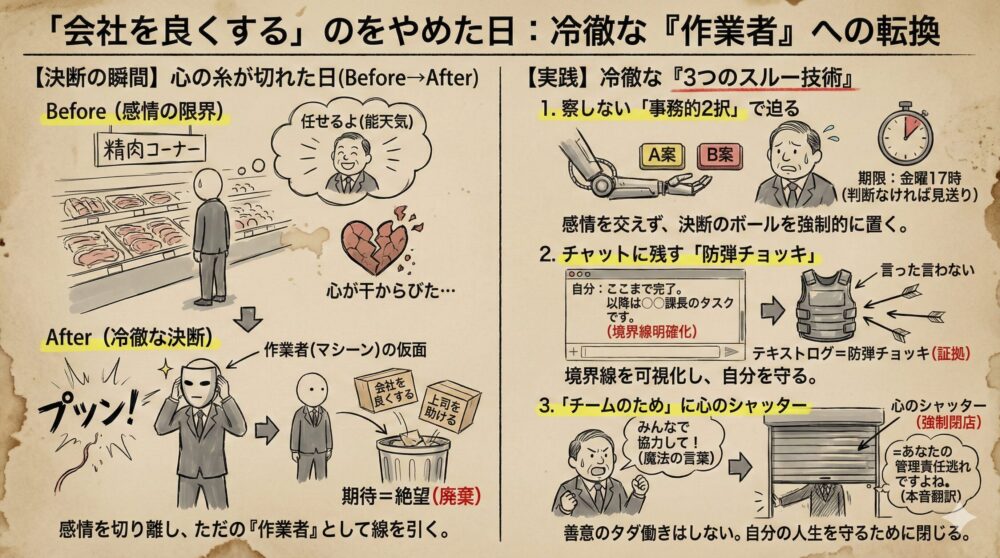 会社を良くすることをやめ冷徹な作業者へ転換する図解。事務的2択での決断要求、チャットログでの証拠化、心のシャッターによる防衛という3つのスルー技術を解説。感情を切り離し、善意のタダ働きや過度な期待を捨てて自分を守るメンタル戦略のイラスト。