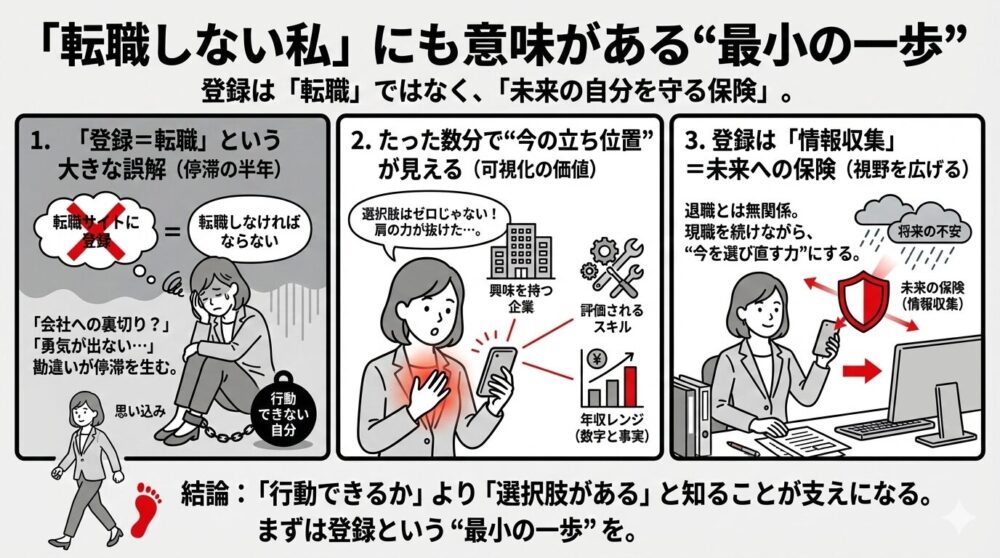 転職しない人にも意味がある「最小の一歩」：登録が未来の保険となる意義と、立ち位置の可視化、視点の拡大という3つの効果を図解