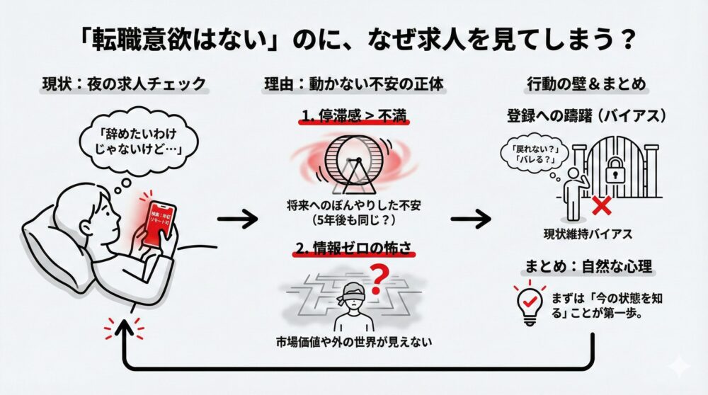 転職意欲はないが求人を見てしまう理由：将来への停滞感と情報ゼロの怖さが原因で、現状維持バイアスにより行動の壁を越えられない仕組みを図解