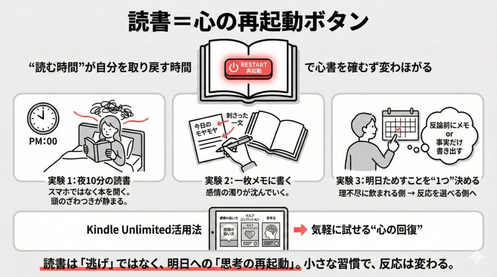 読書が「心の再起動ボタン」であるという結論と、「夜の読書」「一枚メモ」「明日への準備」の3つの具体的な読書習慣を図解