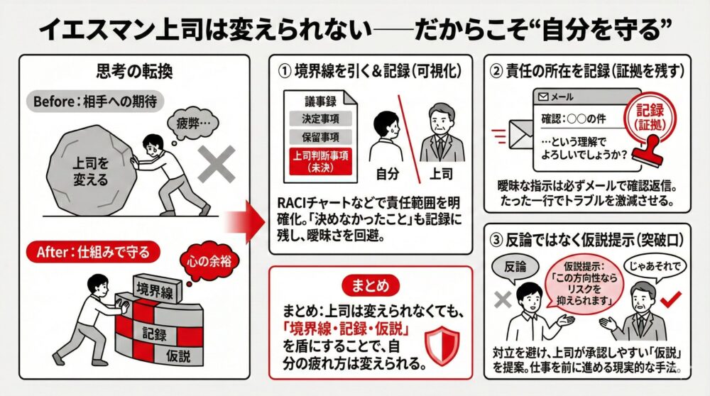 活発だった「以前の自分」が、組織の波風を立てない文化と同化し「学習性無力感」に陥って沈んでいく、心の限界までのプロセスを図解