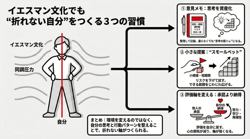 イエスマン文化や同調圧力の中でも「折れない自分」をつくる3つの習慣：「意見メモ」「スモールベット」「評価軸を変える」の図解