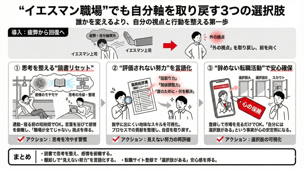 イエスマン職場で自分軸を取り戻すための3つの選択肢：「読書リセット」「評価されない努力の言語化」「辞めない転職活動」を図解