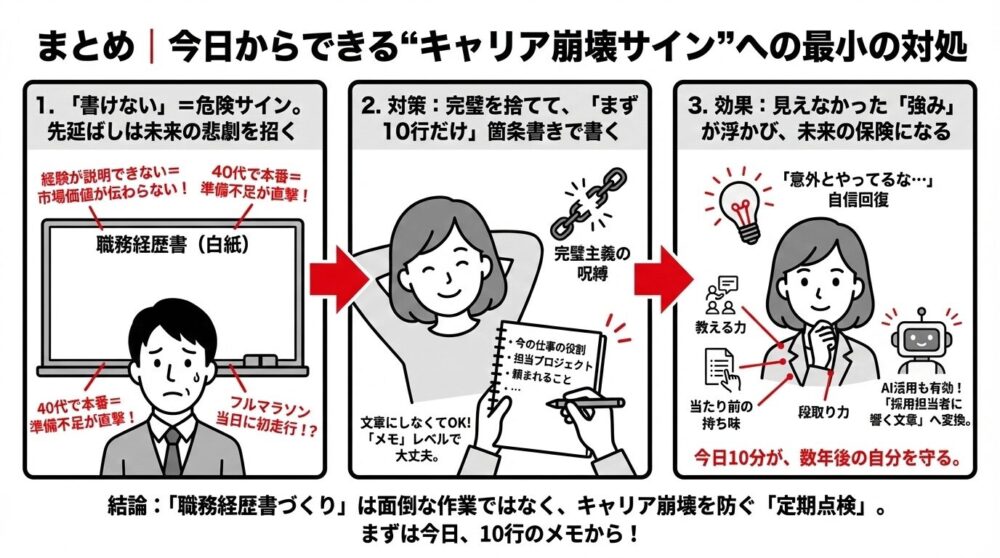 「キャリア崩壊サイン」への対処法を図解したまとめ。職務経歴書が書けない危険な状態から、完璧主義を捨て10行の箇条書きでメモを作成し、強みが可視化されて未来の保険になるまでのフロー図。「職務経歴書づくりは定期点検」が結論