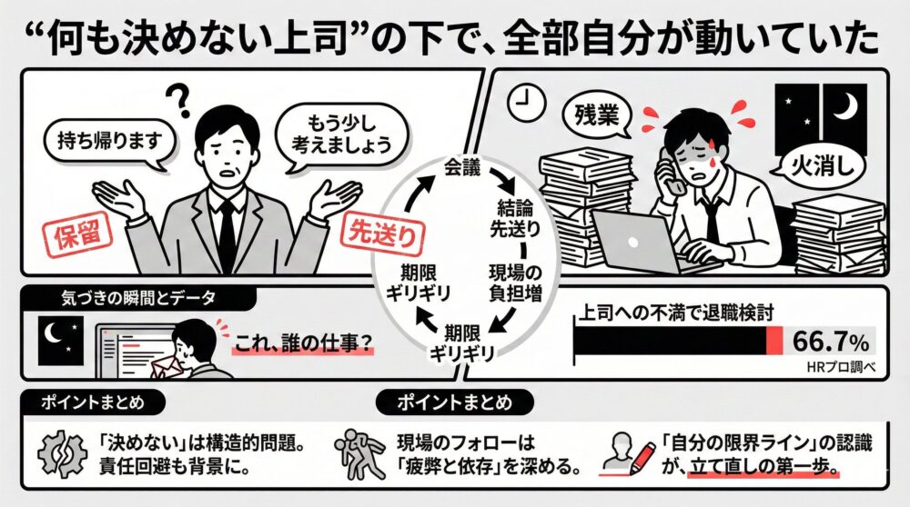 「何も決めない上司」の保留と先送りが現場の負担を増やし、残業や火消しに追われる部下の疲弊、上司への不満に繋がる構造を図解