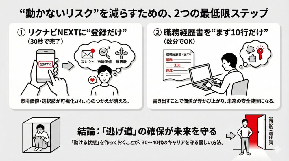 「動かないリスク」を減らす2つの最低限ステップ：「リクナビNEXTへの登録だけ」と「職務経歴書をまず10行だけ」書くこと、そして逃げ道の確保の重要性を図解