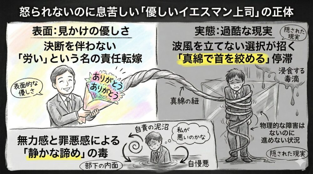 優しいだけのイエスマン上司の正体を図解したイラスト。表面的な優しさで労いを贈る上司と、その裏で波風を立てない選択が招く真綿で首を絞めるような停滞に苦しむ部下を描写。決断を伴わない責任転嫁が部下に無力感と罪悪感を与え、静かな諦めという毒に侵される構造を表現。