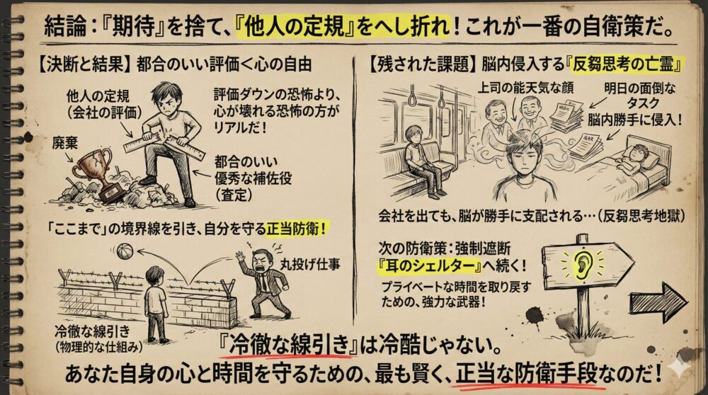 他人の評価を捨て自分を守る自衛策の図解。境界線を引いて丸投げ仕事を拒否し、評価ダウンより心の健康を優先する決断を描写。帰宅後も続く仕事の反芻思考を断ち切るため、耳のシェルターによる強制遮断を推奨するメンタル管理術のイラスト。