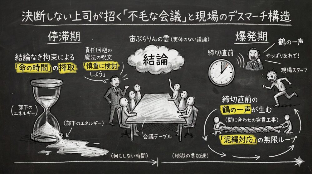 決断しない上司が招く不毛な会議と現場のデスマーチ構造。停滞期に慎重に検討しようと責任回避し部下の時間を搾取、締切直前に鶴の一声で方針転換する爆発期を描いたイラスト。泥縄対応の無限ループに陥り疲弊する現場スタッフと空虚な結論の雲。