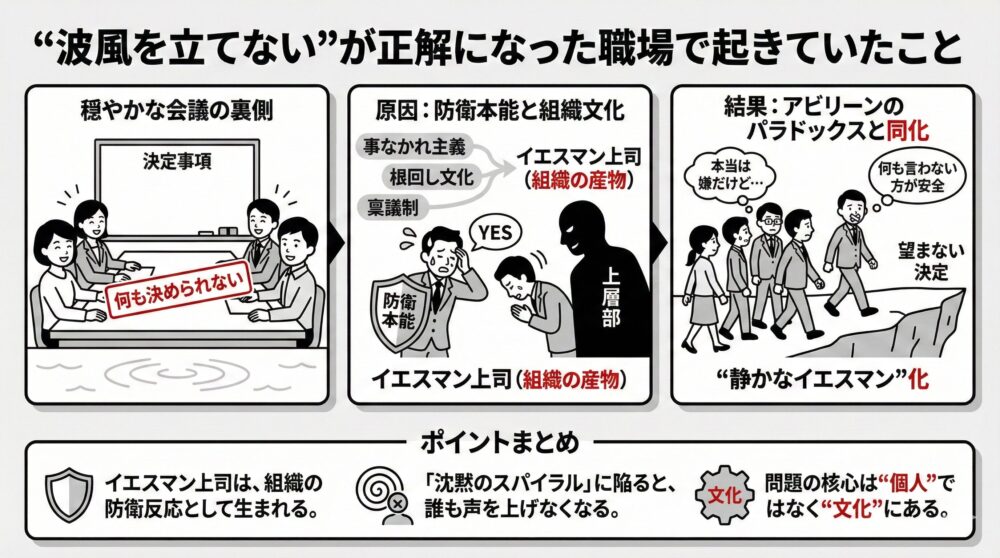 「波風を立てない」職場がもたらす、イエスマン上司の誕生と「静かなイエスマン化」というアビリーンのパラドックスの構造を図解