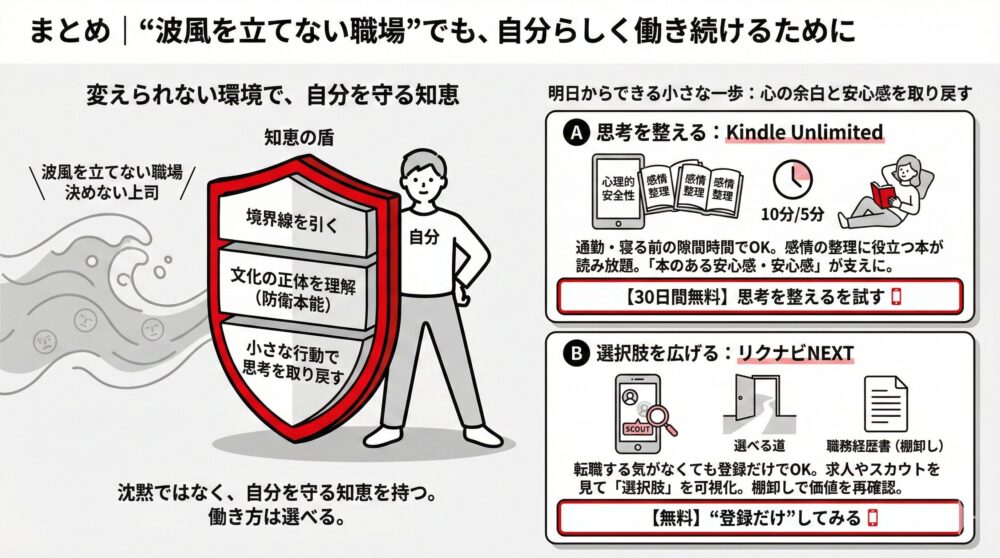 「波風を立てない職場」でも自分らしく働くための「知恵の盾」と、「読書（Kindle Unlimited）で思考を整える」「転職サイトで選択肢を広げる」の2ステップを図解