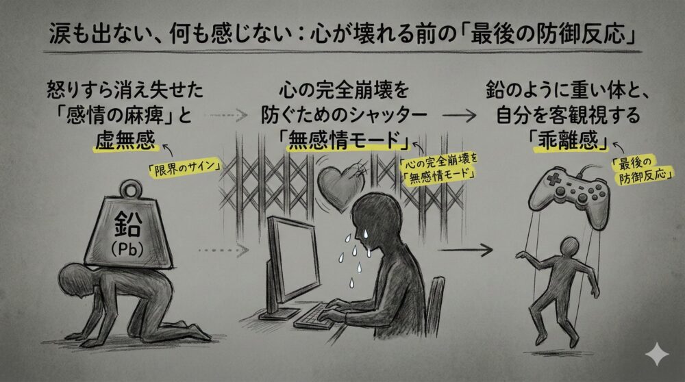 心が壊れる前の最後の防御反応を図解したイラスト。鉛のように重い体で四つん這いになる感情の麻痺、心の崩壊を防ぐシャッターが下りた無感情モード、自分をゲームのコントローラーで操作するように客観視する乖離感の3段階を描写し、限界のサインを視覚化している。