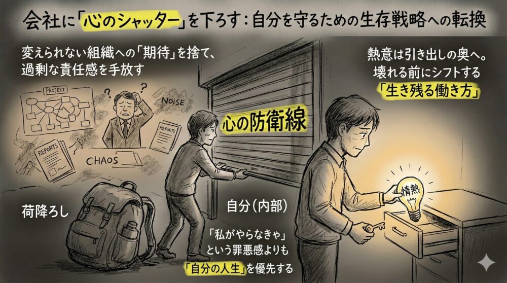 自分を守るための生存戦略として会社に心のシャッターを下ろす様子を描いた図解イラスト。過剰な責任感という重い荷物を下ろし、組織への期待を捨てて心の防衛線を引く姿や、仕事への情熱を電球に見立てて引き出しの奥に大切に仕舞い、自分の人生を優先する生き方への転換を表現。
