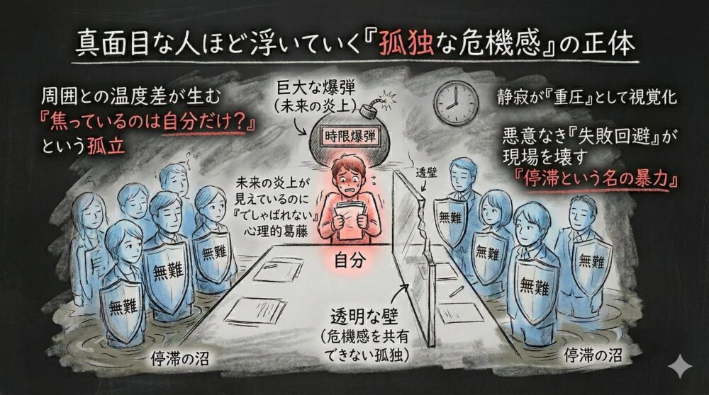 真面目な人ほど浮いていく孤独な危機感の正体を図解したイラスト。周囲が無難という盾を持ち停滞の沼に浸かる中、一人だけ未来の炎上を予見し時限爆弾を背負って焦る自分を描写。透明な壁に阻まれ危機感を共有できない孤立感と心理的葛藤を表現している。