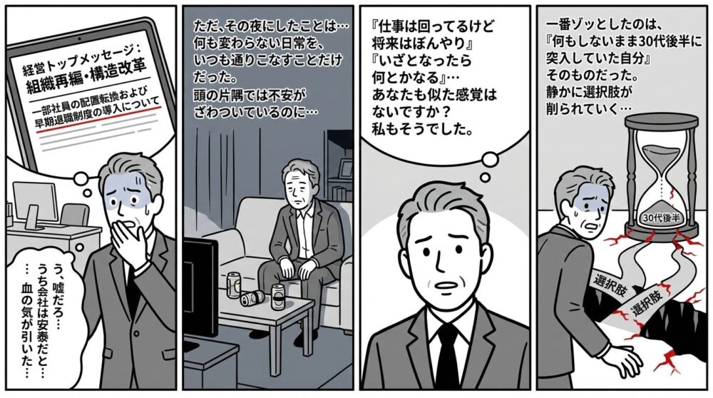組織再編と早期退職制度のニュースに動揺する4コマ漫画。不安がざわつく中、何も変わらない日常を過ごし、気づけば「何もしないまま30代後半」に突入。選択肢の地盤が崩れ、砂時計の砂が減る様子