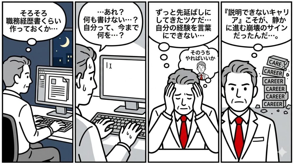 職務経歴書が書けずキャリア崩壊のサインに気づく4コマ漫画。夜中にパソコンに向かい「そろそろ職務経歴書を作っておくか」と考える男性。何も書けず絶望し「経験を言葉にできないのが崩壊のサインだった」と悟る