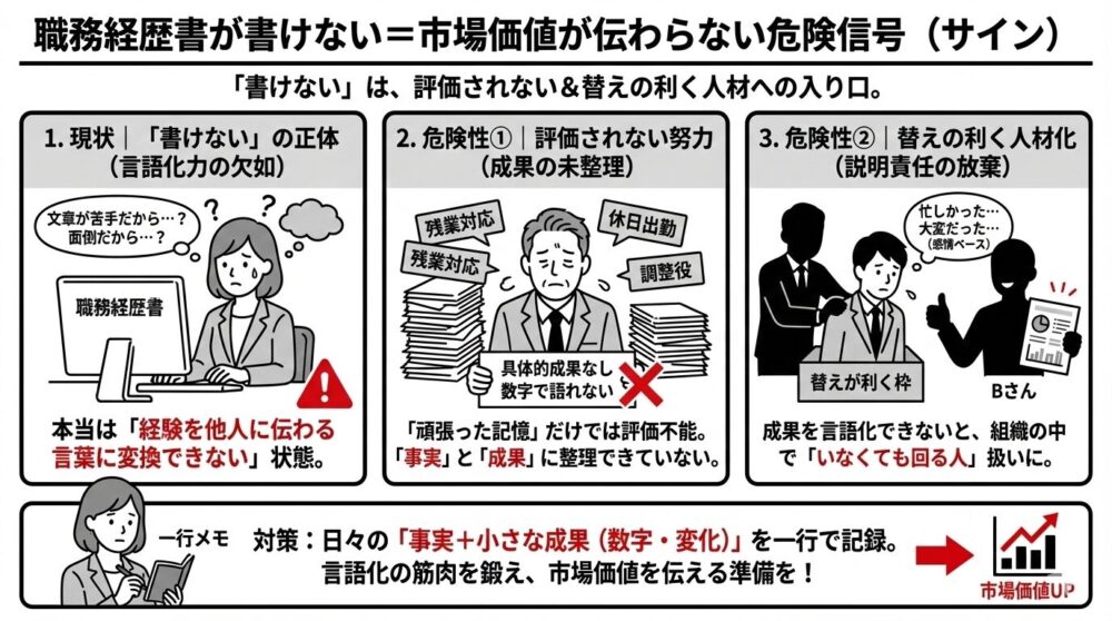職務経歴書が書けない状態は市場価値が伝わらない危険信号。評価されない努力と、替えの利く人材扱いという2つの危険性を示し、一言メモによる対策を図解