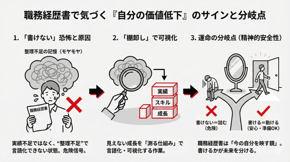 職務経歴書が「書けない」状態は価値低下のサインであり、棚卸しで実績・スキル・成長を可視化することで、精神的安全と動ける状態を得る分岐点となる図解