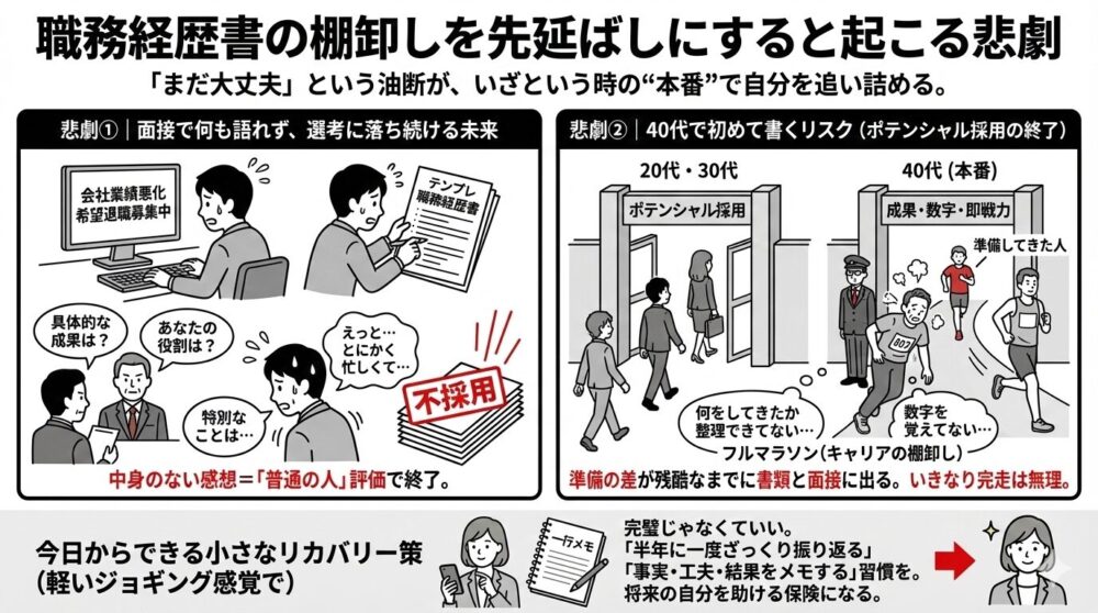 職務経歴書の棚卸しを先延ばしにする悲劇を図解。「具体的な成果は？」と問われ動揺する面接風景、40代でポテンシャル採用の波に乗れず準備不足で苦戦する様子、そして「半年に一度ざっくり振り返る」というリカバリー策