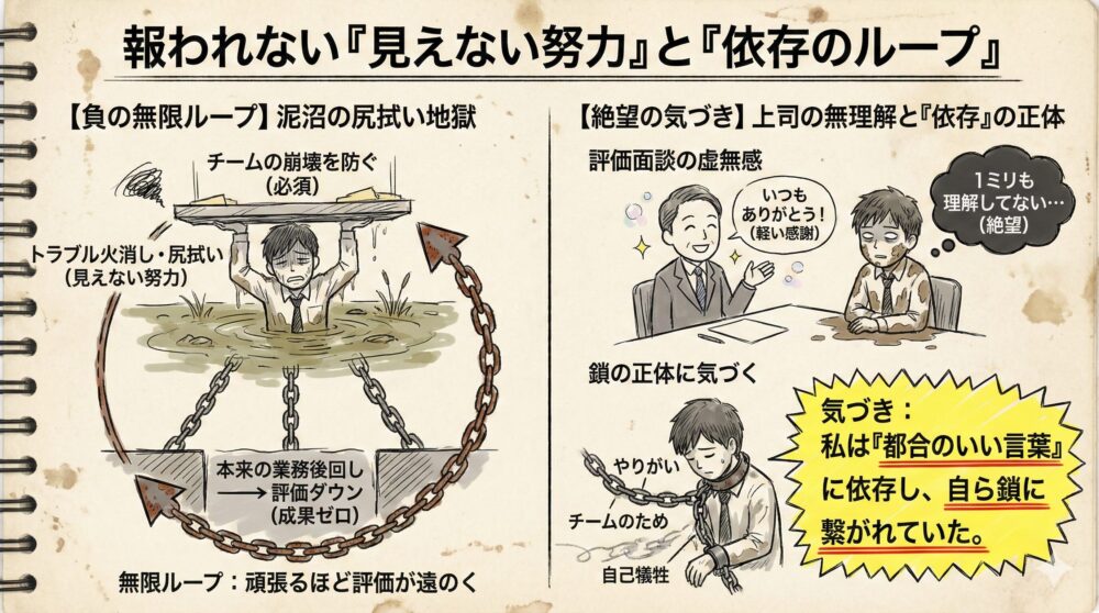 報われない見えない努力と依存のループを解説した図解。トラブル対応や尻拭いで本来の業務が疎かになる負の無限ループ、上司の無理解、自己犠牲という言葉に縛られる現状を描写。真面目な人が使い潰される構造を可視化し、現状を打破する気づきを促すメンタル管理のイラスト。