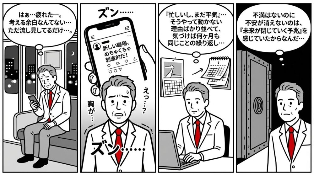 「未来が閉じていく感覚」に気づく男性の4コマ漫画。電車内で疲れた顔でスマホを見ながら、刺激的な新しい職場のSNS投稿を見て動揺。忙しいと理由をつけ現状維持を繰り返していたが、不安の原因は未来が閉じる感覚だったと悟る