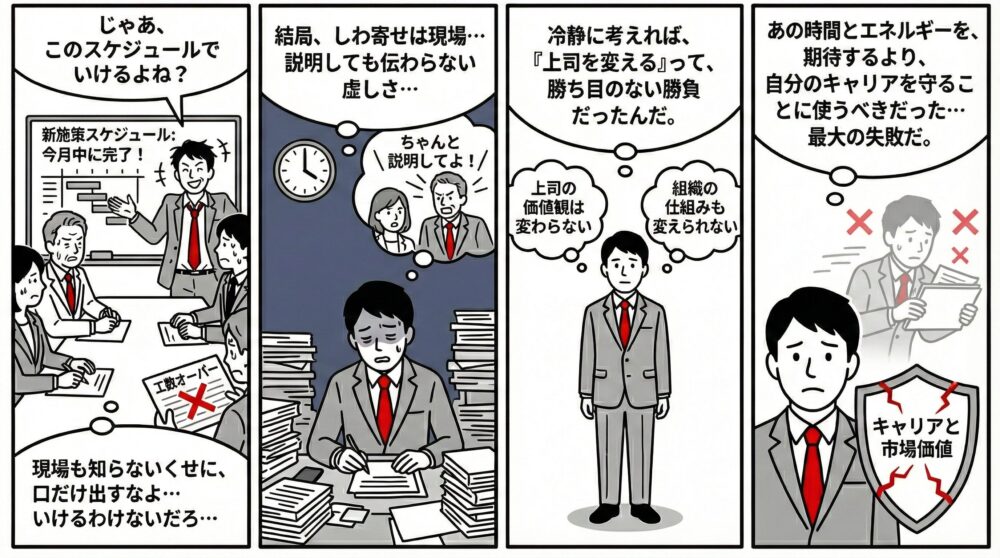 無理なスケジュール決定と現場へのしわ寄せ、上司・組織を変えることの難しさ、そして「キャリアと市場価値」を守ることが重要だと気づくまでのビジネスパーソンの内省を描いた4コマ漫画。