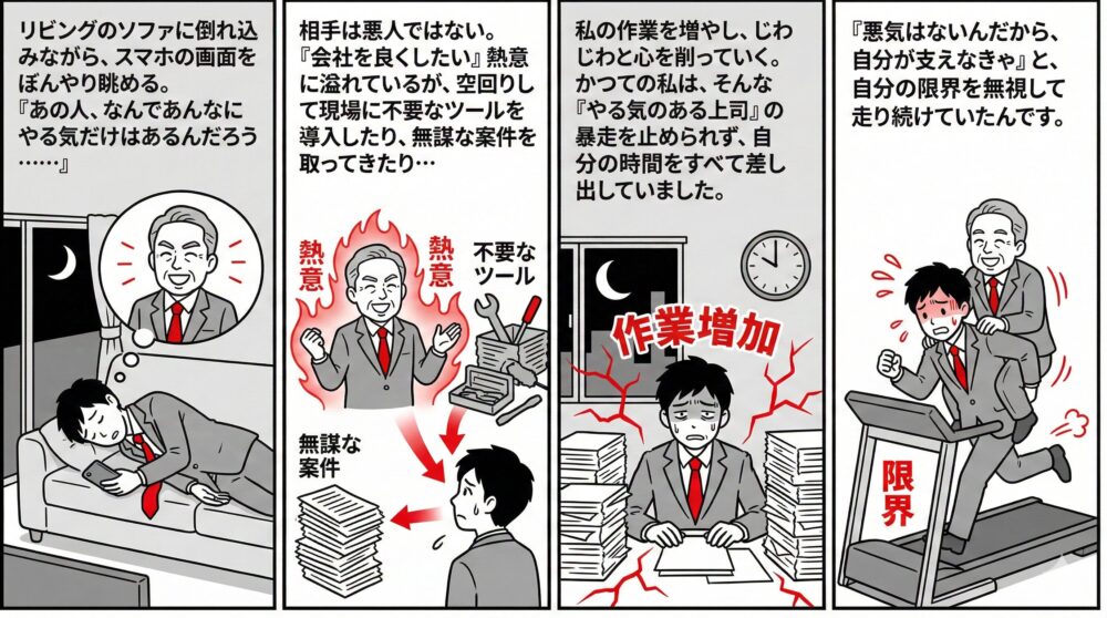 悪気はないが空回りする「やる気のある上司」に翻弄され、不要なツール導入や無謀な案件による作業増加で自分の限界を超えて走り続け、心身を削りながら「自分が支えなきゃ」と自分を追い込んでしまう負の連鎖を描いた4コマ風イラスト