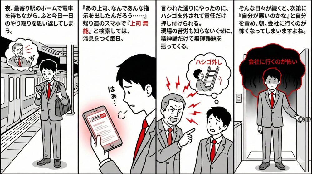 上司の理不尽な指示や「ハシゴ外し」に悩み、夜の駅ホームで「上司 無能」と検索して溜息をつき、自分を責めて出社が怖くなってしまう精神的な消耗の連鎖を描いた4コマ風イラスト
