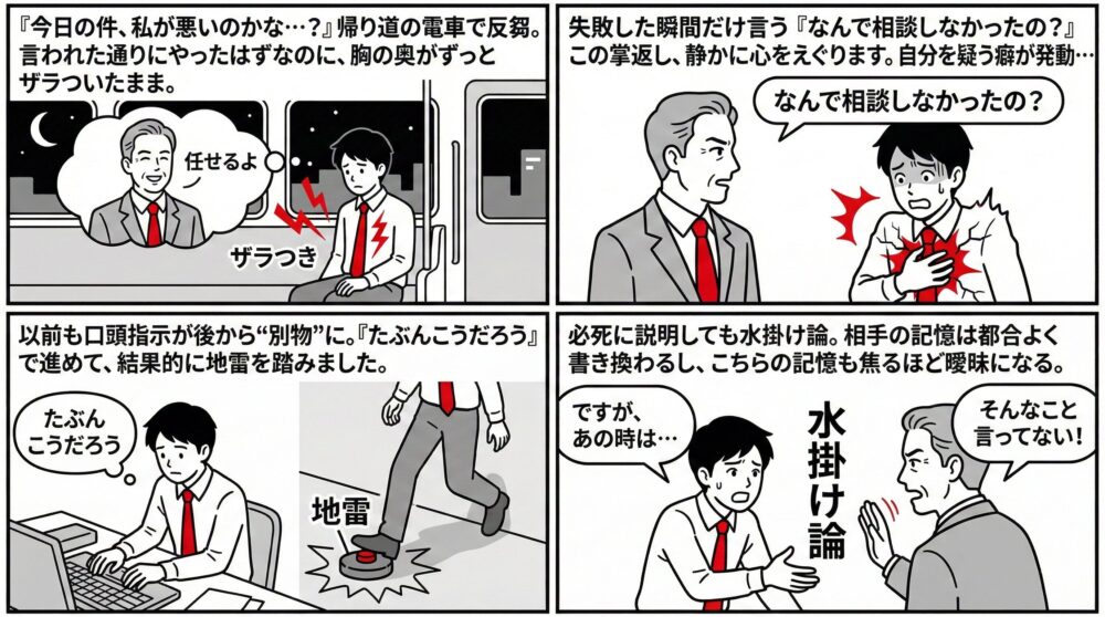 上司の曖昧な指示を「たぶんこうだろう」と進めて地雷を踏み、失敗した時だけ「なぜ相談しなかった？」と責められる水掛け論の負のループを描写した4コマ風イラスト