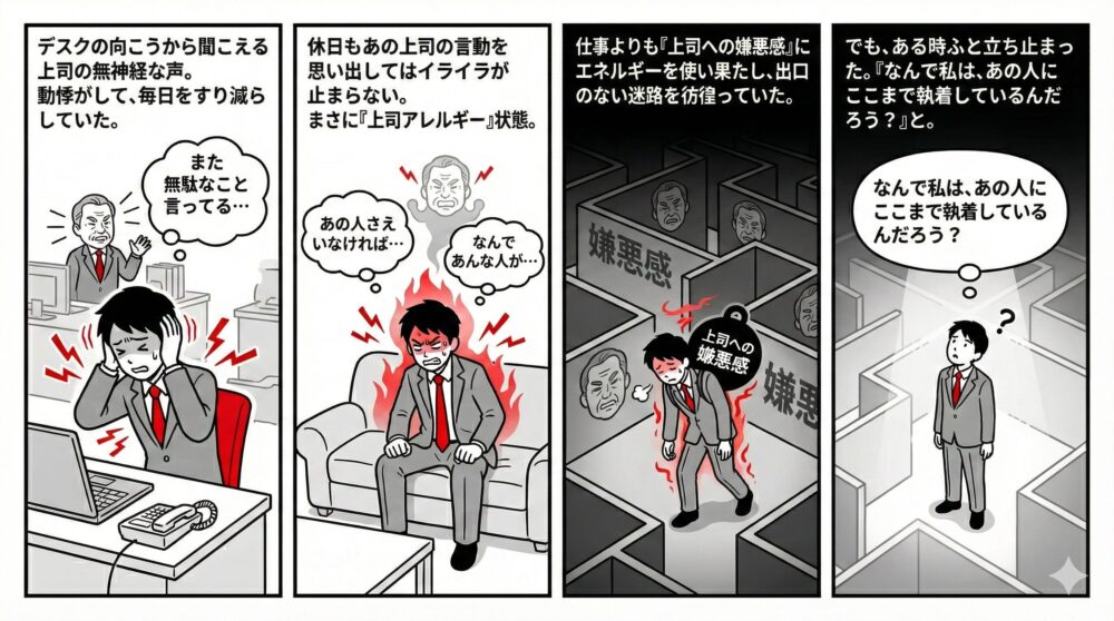 デスクで上司の無神経な言葉に動悸がし、休日も怒りが収まらない「上司アレルギー」の状態から、仕事よりも嫌悪感にエネルギーを使い果たす出口のない迷路を彷徨い、ふと「なぜ自分はこの人にここまで執着しているのか」と立ち止まるまでの葛藤を描いた4コマ風イラスト。