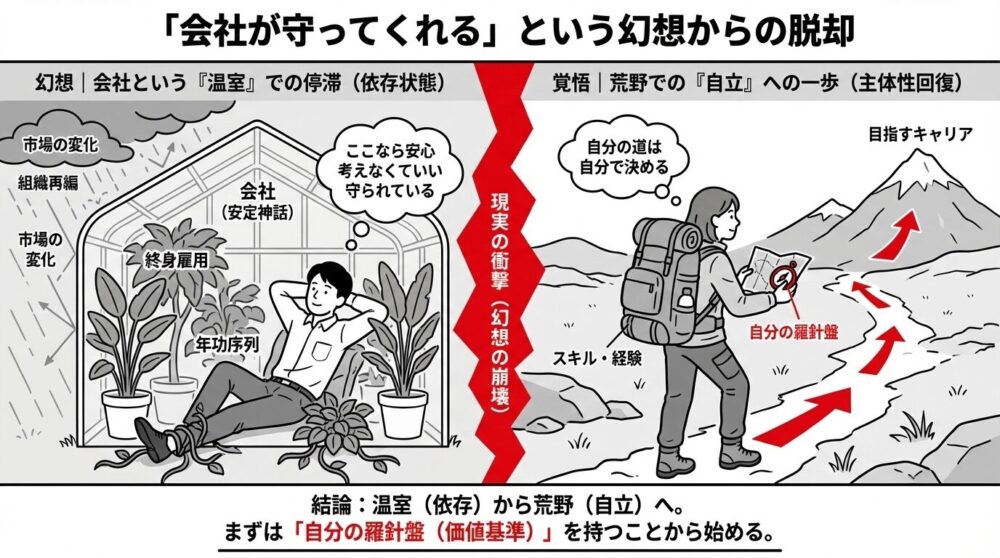 「会社が守ってくれるという幻想からの脱却」を図解。市場の変化や組織再編の雨が降る中、「終身雇用」などの安定神話の温室に依存する状態から、現実の衝撃を経て、スキルと経験を背負い「自分の羅針盤」でキャリアの山を目指す自立の状態へ転換
