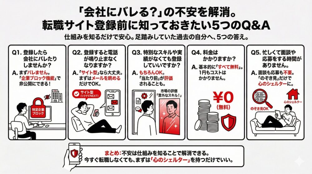 転職サイト登録に関する5つの不安（会社バレ、電話連絡、スキル不足、利用料金、多忙さ）への回答をまとめた図解イラスト。企業ブロック機能やサイト型サービスの仕組みを解説し、今すぐ転職しなくても「心のシェルター」として登録するメリットを伝える内容。