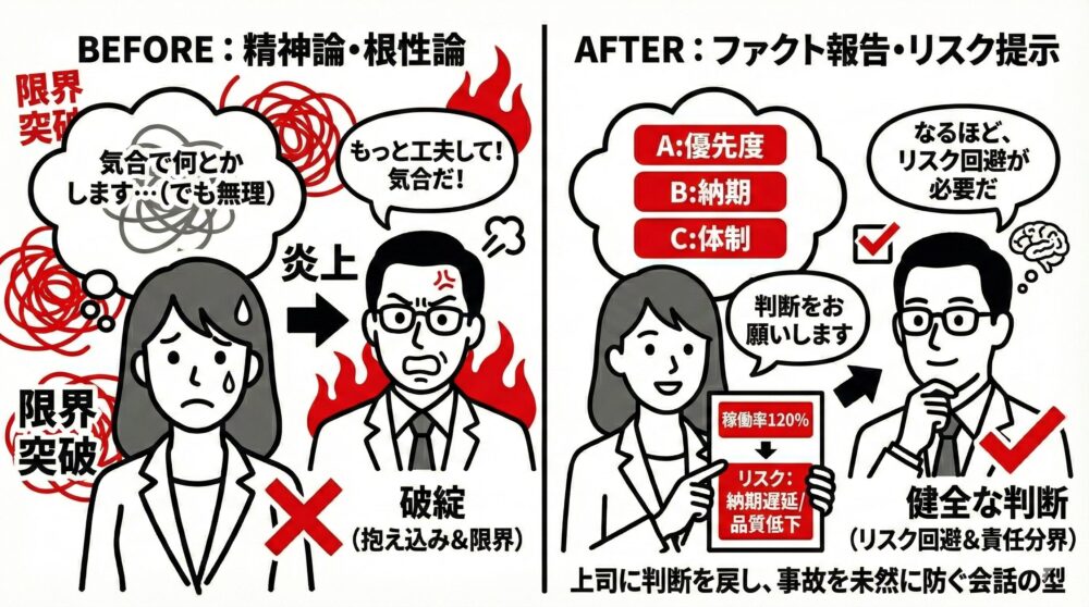精神論で抱え込み破綻する状態から、稼働率120%という事実（ファクト）と納期遅延リスクを提示することで、上司に健全な判断を仰ぎ事故を未然に防ぐ会話の型を図解したイラスト