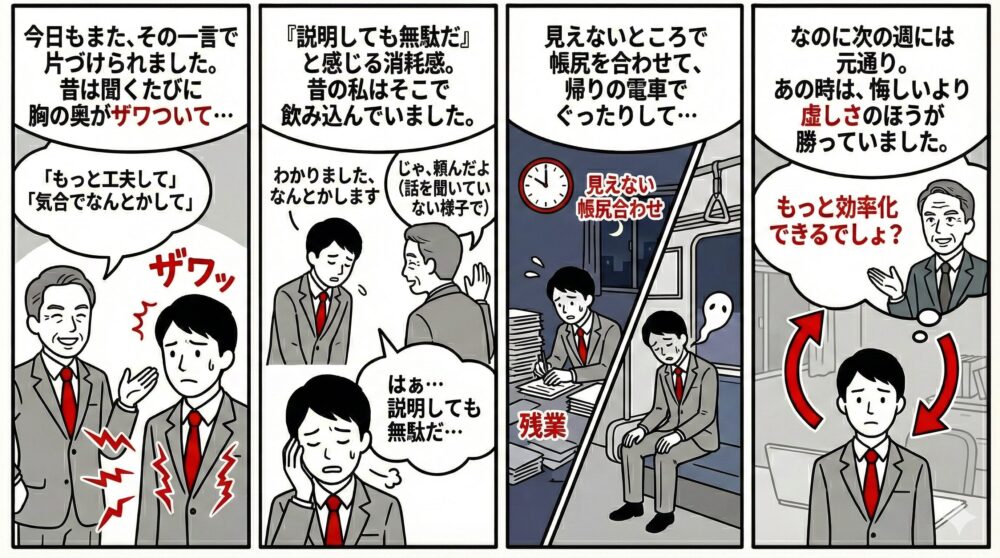 上司からの「もっと工夫して」「気合でなんとか」という無茶ぶりに動揺し、説明を諦めてタスクを飲み込み、見えないところで残業と疲弊を重ねる社員の状況を描写した漫画風イラスト