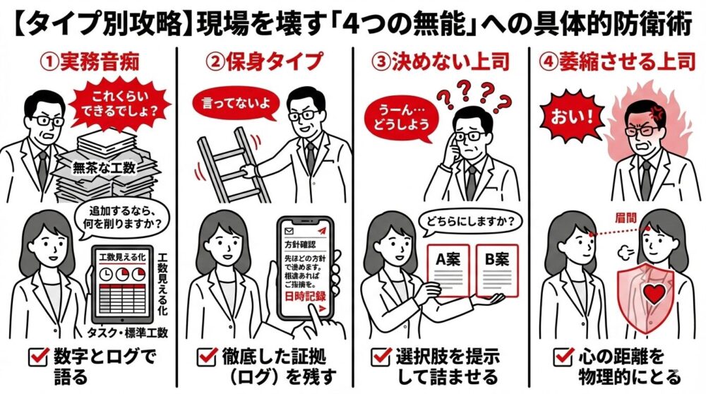 現場を壊す4つのタイプの上司への防衛術を図解。①実務音痴には数字で語る、②保身タイプには徹底した証拠を残す、③決めない上司には選択肢を提示する、④萎縮させる上司には心の距離を物理的にとる、という各タイプ別の具体的対策を解説したイラスト