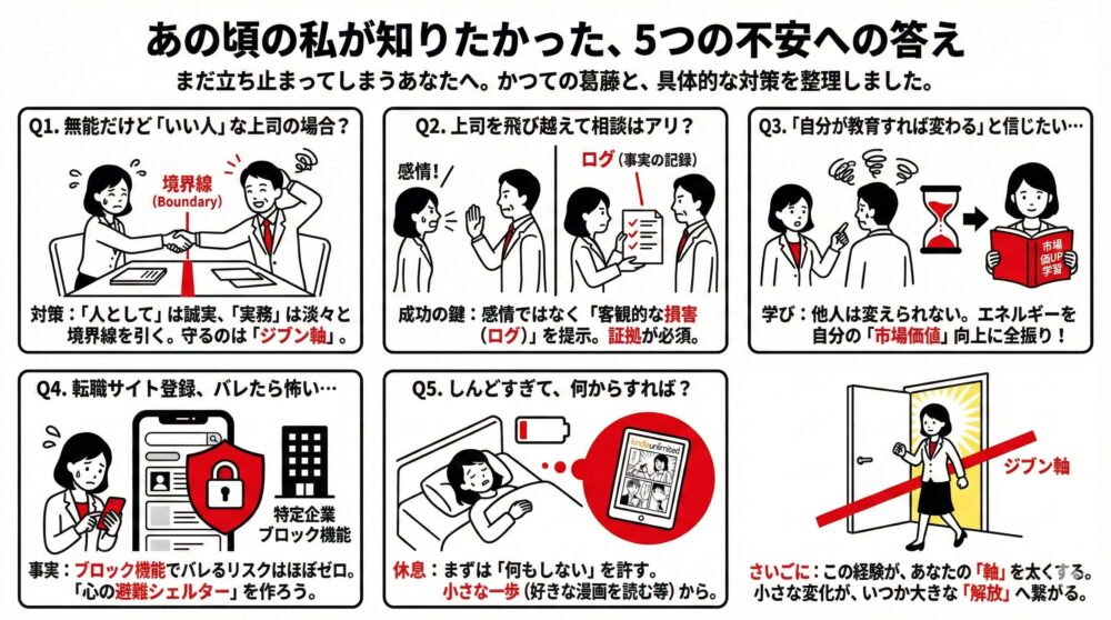 職場での5つの不安（いい人だが無能な上司への境界線、上司を飛び越えた相談、他人は変えられない学び、転職サイトのバレ対策、心身の休息）への具体的な回答と、自分軸を太くし解放へ向かうプロセスをまとめた図解イラスト