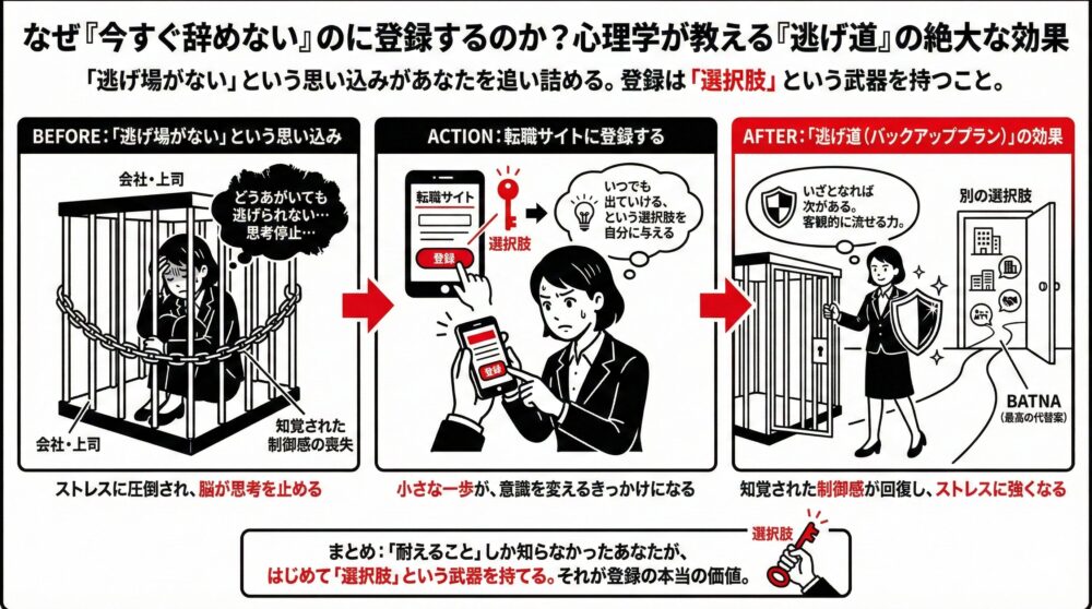 「逃げ場がない」という思い込みで脳が思考停止する状態から、転職サイト登録という「選択肢（バックアッププラン）」を持つことで、知覚された制御感を取り戻すプロセスを図解。いざとなれば次があるという心の盾が、現状のストレスへの耐性を強め、未来を切り開く武器になることを解説したイラスト。