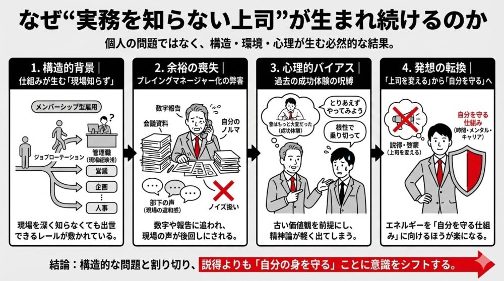 実務を知らない上司が生まれる構造的背景、余剰の喪失、心理的バイアス、発想の転換の4つの要因を図解。「上司を変える」よりも「自分を守る」ことに意識をシフトする重要性を結論として示しています。