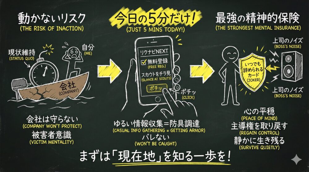 沈みゆく船に例えた会社依存のリスクと、転職サイト登録で「いつでも辞められる」という心の盾を持つ重要性を描いたイラスト。わずかな情報収集が上司の圧力を防ぐ精神的保険となり、働き方の主導権を取り戻して平穏に生き残るための第一歩を促している。