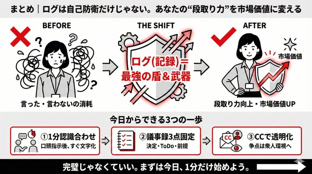 「言った・言わない」の消耗から、ログ（記録）を「盾と武器」にすることで段取り力を向上させ、市場価値を高める変化の図解。今日からできる一歩として「1分認識合わせ」「議事録3点固定」「CCで透明化」の3つのアクションを提示している