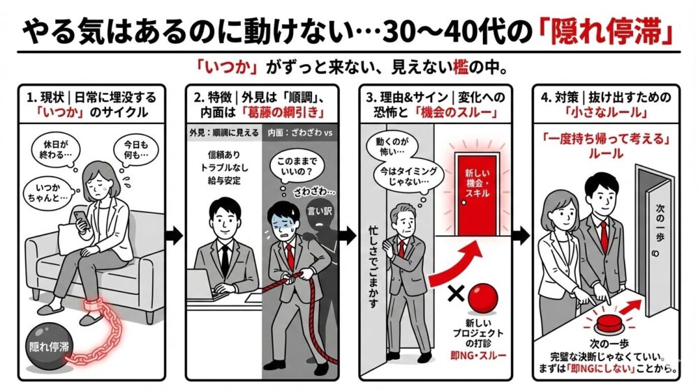 30〜40代の隠れ停滞フロー図。日常に埋没する「いつか」のサイクル、外見は順調でも内面は不安な「幕の綱引き」、変化への恐怖から機会を逃す理由と、「一度持ち帰って考える」という次のステップへ進むための小さなルール