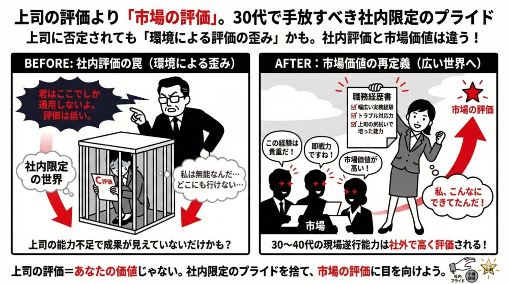 「君は外で通用しない」という上司の言葉で社内評価の檻に閉じ込められる失敗例と、広い市場の視点で職務経歴書を整え、現場遂行能力が社外で高く評価される現実に気づく成功例を対比させた図解イラスト