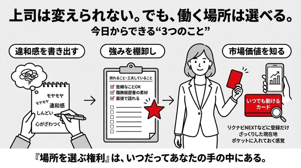 上司は変えられないが働く場所は選べることを示す図。「違和感を書き出す」「強みを棚卸し」「市場価値を知る」の3ステップと、いつでも動けるカードを持つビジネスパーソンのイラスト。