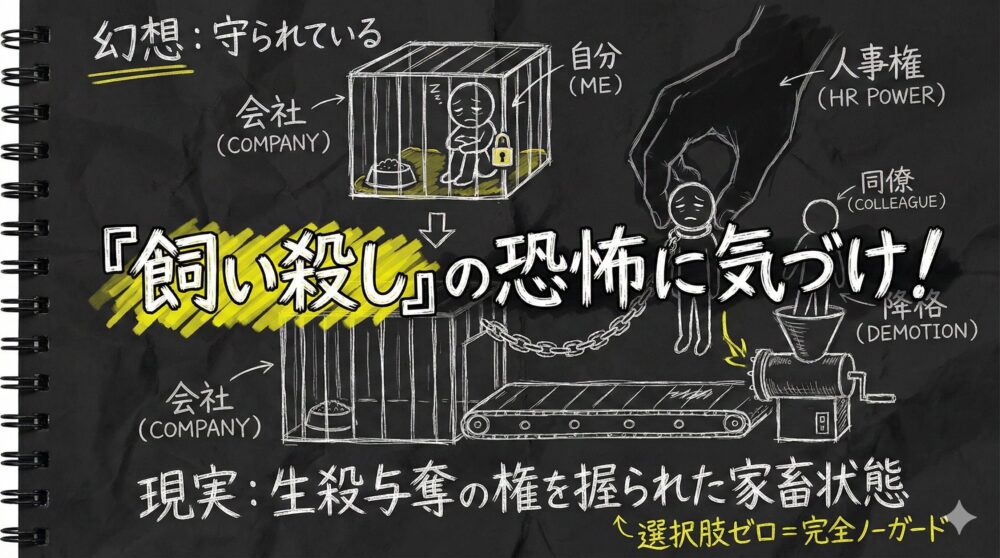 会社に飼い殺される恐怖を描いたイラスト。守られているという幻想に対し、現実は人事権に生殺与奪の権を握られた家畜状態であることを表現。鎖で繋がれた社員が降格の肉挽き機へ運ばれる図解で、会社依存により選択肢がなくなるリスクと危うさを強調している。